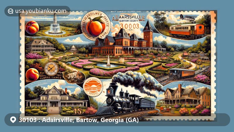 Modern illustration of Adairsville, Bartow County, Georgia, featuring ZIP code 30103, showcasing Barnsley Resort, Antebellum gardens, historic Victorian architecture, and symbols of the Great Locomotive Chase, peach, and chenille industries.