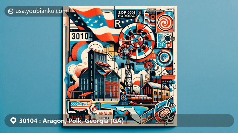 Modern illustration of Aragon, Polk County, Georgia, merging postal and regional elements, featuring Aragon Mill and Polk County map on one side, stylized Georgia flag on the other. Includes vintage postage stamp, postal cancellation mark with ZIP code 30104, and airmail envelope.