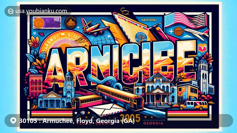 Modern illustration of Armuchee, Floyd County, Georgia, resembling a postcard with ZIP code 30105, showcasing local landmarks, cultural symbols, and vibrant design.