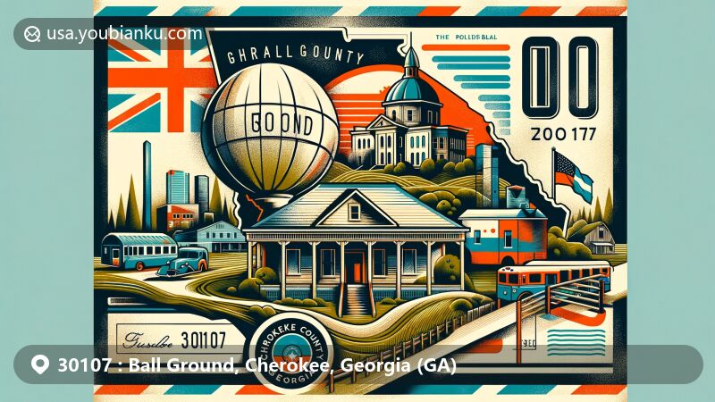 Vintage-style illustration of Ball Ground, Cherokee County, Georgia, honoring ZIP Code 30107 with postal theme and state symbols, featuring iconic landmarks and cultural elements.