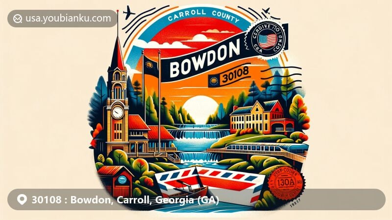 Modern illustration of Bowdon, Carroll County, Georgia, showcasing postal theme with ZIP code 30108, featuring Georgia state flag and vintage air mail envelope design.