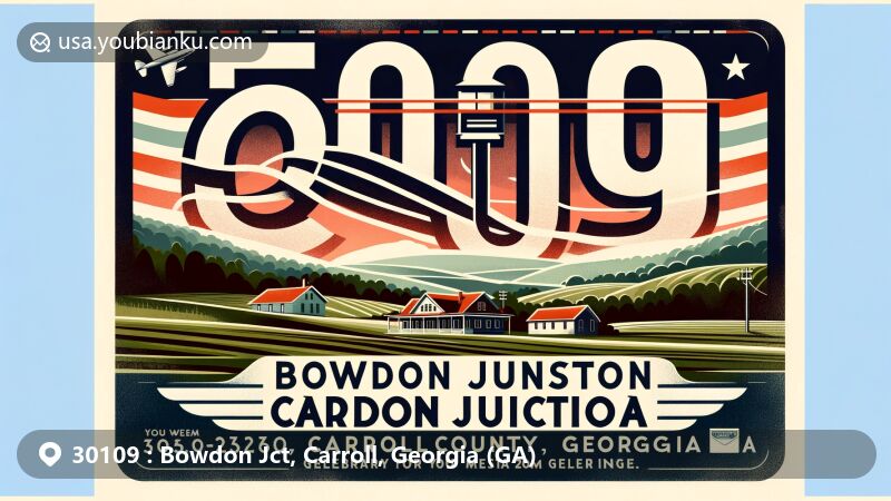 Modern illustration of Bowdon Junction, Carroll County, Georgia, showcasing postal theme with ZIP code 30109, featuring a serene rural landscape and stylized post office. Includes subtle references to Carroll County and Georgia state symbols.