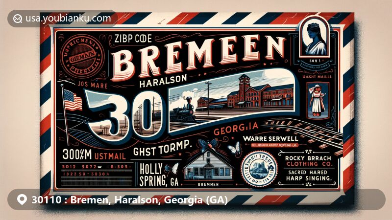 Modern illustration of Bremen, Haralson, Georgia, showcasing postal theme with ZIP code 30110, featuring Warren Sewell Clothing Co., Rocky Branch Railroad and Ghost Town, and Holly Springs Primitive Baptist Church.