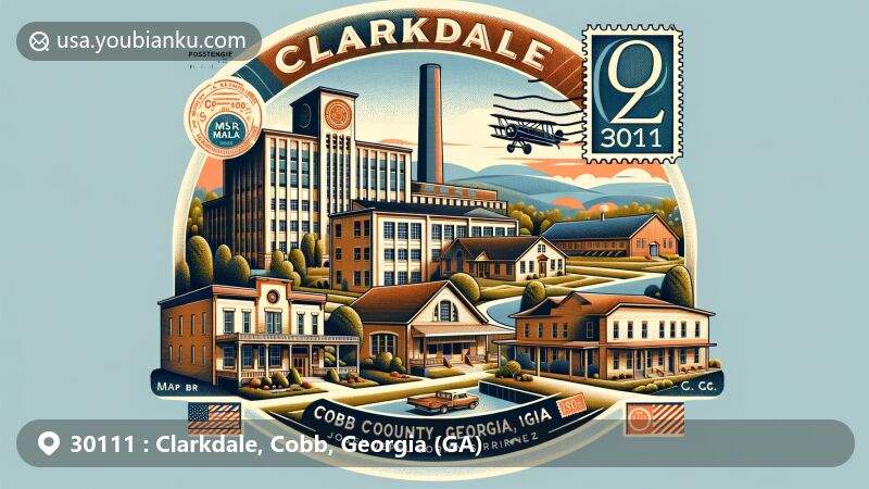 Vintage airmail envelope illustration of ZIP Code 30111 for Clarkdale, Cobb County, Georgia, featuring Coats & Clark Thread Mill and historic architecture.