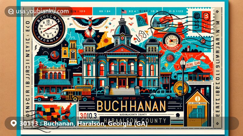 Vibrant illustration of Buchanan, Haralson, Georgia (GA) showcasing historic Haralson County Courthouse, Sewell Mill Textile Museum, and Little Creek One Room School House, with postal theme emphasizing ZIP code 30113.