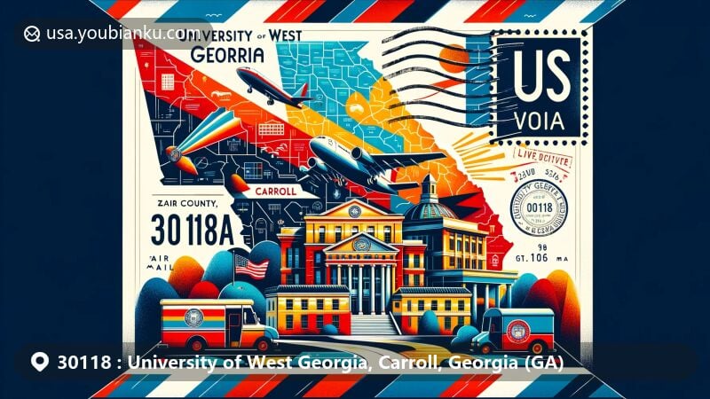Modern illustration featuring air mail envelope with vibrant colors, map outline of Carroll County, Georgia, and iconic landmarks of University of West Georgia, incorporating Georgia state flag and postal elements like postage stamp and postmark.