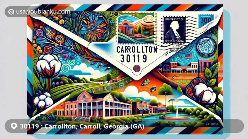 Modern illustration of Carrollton, Carroll County, Georgia, resembling an airmail envelope with a dynamic design showcasing historic Adamson Square, University of West Georgia, and John Tanner Park.