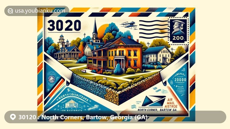 Modern illustration of North Corners, Bartow County, Georgia, showcasing postal theme with ZIP code 30120, featuring Queen Anne and Colonial Revival architecture, ancient stone wall, and postal elements.