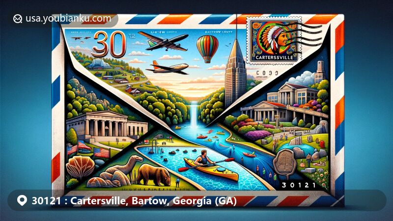 Unique illustration of Cartersville, Bartow County, Georgia, featuring airmail envelope with Etowah Indian Mounds, Booth Western Art Museum, Dellinger Park pool, Allatoona Lake kayak, and Georgia state flag stamp.