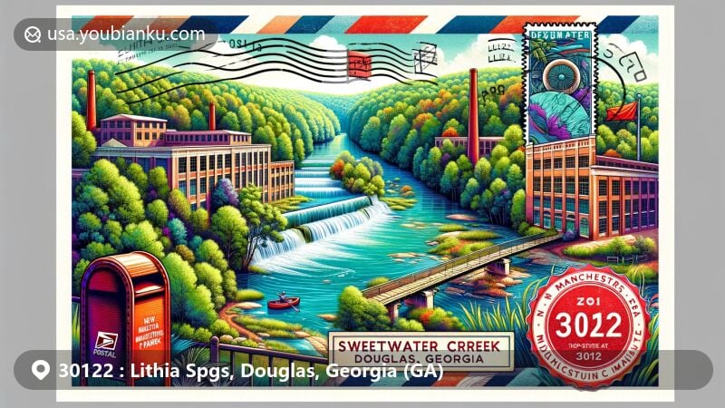 Modern illustration of Lithia Springs, Douglas County, Georgia, featuring Sweetwater Creek State Park, the historic ruins of New Manchester Manufacturing Company, and postal theme elements like a vintage airmail envelope and a classic red mailbox.