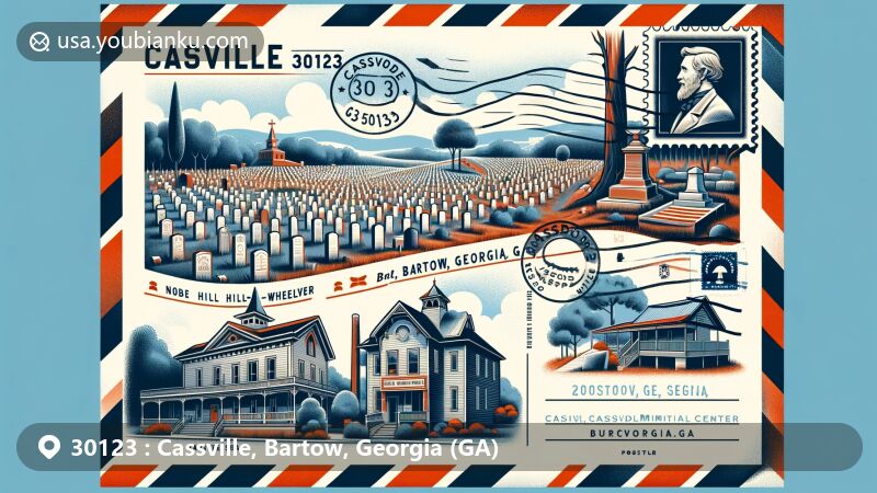 Modern illustration of Cassville, Bartow County, Georgia, featuring Cassville Confederate Cemetery, Noble Hill-Wheeler Memorial Center, and Cassville History Museum against a backdrop of Georgia state symbols and a vintage airmail envelope with postal elements.
