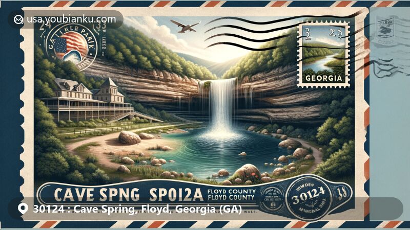 Modern illustration of Cave Spring, Floyd County, Georgia, capturing the beauty of Rolater Park with limestone cave and mineral spring, set in a serene natural environment.
