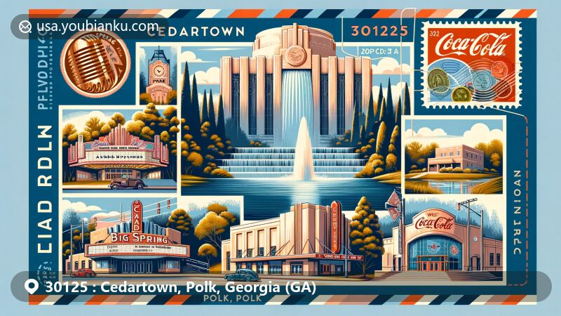 Modern illustration of Cedartown, Polk, Georgia, highlighting ZIP code 30125, featuring Big Spring Park, Cedartown Museum of Coca-Cola Memorabilia, West Cinema Theater, and Silver Comet Trail.