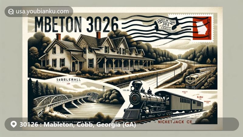Modern illustration of Mableton, Cobb County, Georgia, showcasing postal theme with ZIP code 30126, featuring Robert Mable House, covered bridge over Nickajack Creek, and symbolic train.