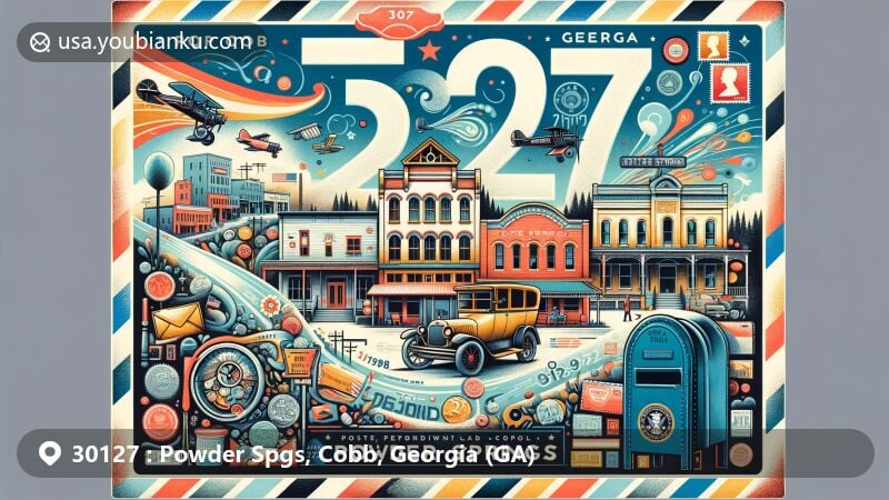 Playful illustration of Powder Springs, Cobb County, Georgia, celebrating ZIP code 30127, with vibrant imagery of historic downtown and postal elements, honoring the city's rich heritage.