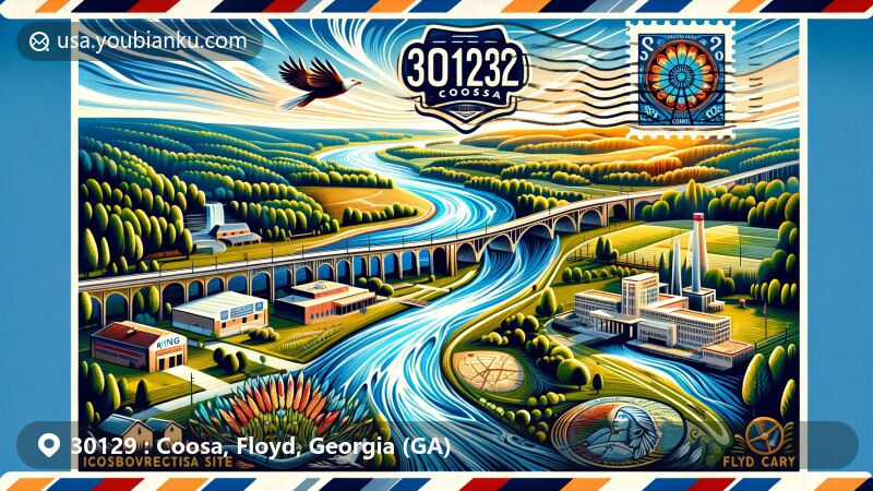 Modern illustration of Coosa in Floyd County, Georgia, blending postal theme with ZIP code 30129, featuring the Coosa River and the King Archaeological Site.
