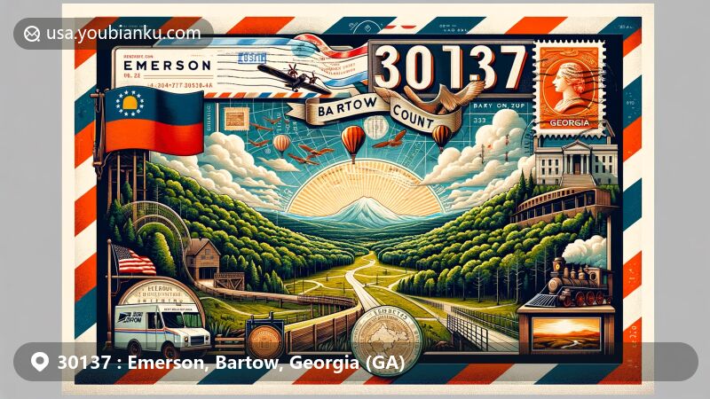 Modern illustration of Emerson, Bartow County, Georgia, highlighting ZIP code 30137, featuring Red Top Mountain State Park and Allatoona Pass Battlefield.