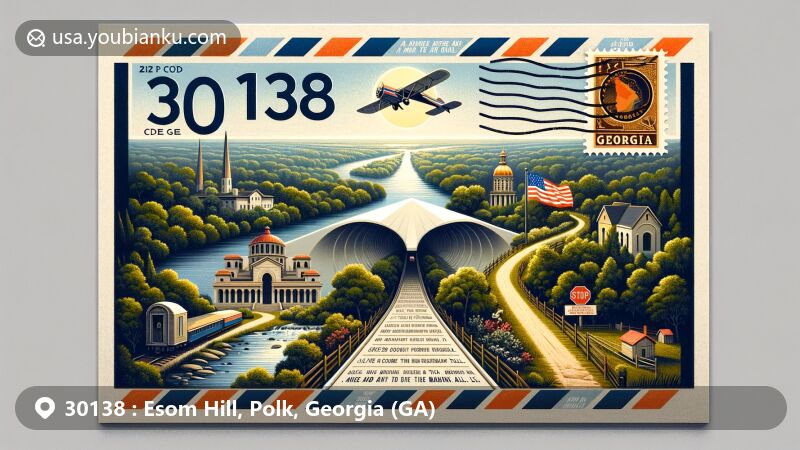 Vintage-style illustration of Esom Hill, Polk County, Georgia, with a postal theme showcasing ZIP code 30138 and Georgia state flag stamp, featuring Silver Comet Trail and poetic elements.