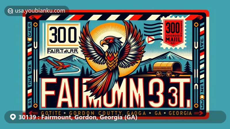Modern illustration of Fairmount, Gordon County, Georgia, resembling a vintage air mail envelope with ZIP code 30139 and location Fairmount, GA, featuring Cherokee Phoenix, Blue Ridge Mountains, Chattahoochee National Forest, and Georgia cotton plant.