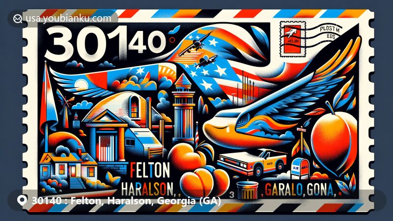 Modern illustration of Felton, Haralson County, Georgia, capturing ZIP code 30140 in air mail envelope design with state flag, peach, local landmark, and traditional mailbox elements.