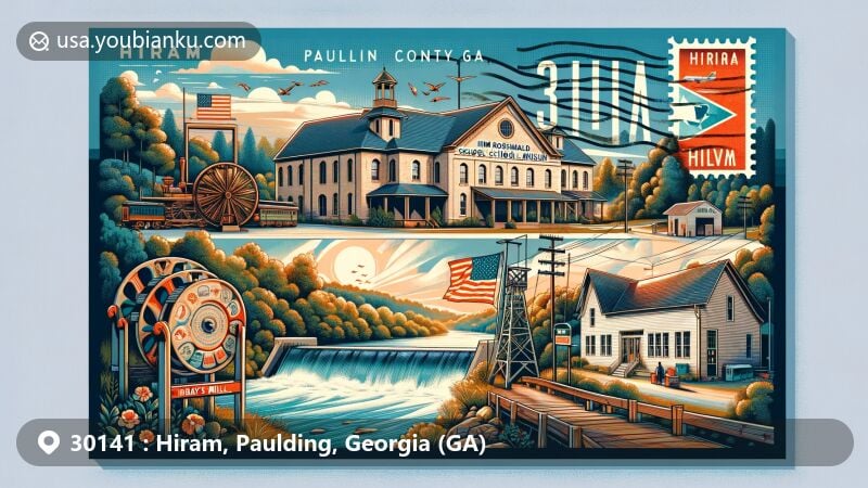 Modern illustration of Hiram, Paulding County, Georgia, capturing ZIP code 30141 with Hiram Rosenwald School Museum, Silver Comet Trail, and Gray's Mill.