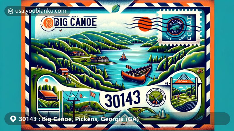 Modern illustration of Big Canoe, Pickens County, Georgia, showcasing postal theme with ZIP code 30143, featuring scenic landscapes, historical references, outdoor activities, and postal elements.