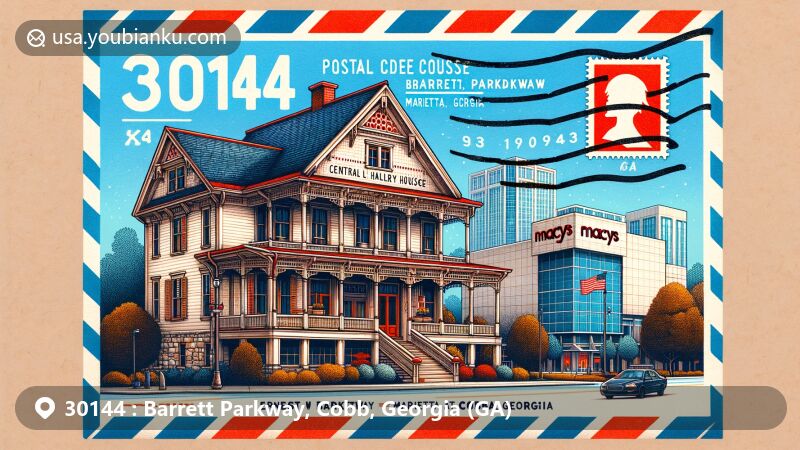 Illustration of McAfee House and Town Center at Cobb in Marietta, Georgia, showcasing historic architectural features and notable shopping destinations, integrated with elements of a classic air mail envelope, including Georgia state flag stamp and '30144' ZIP code.