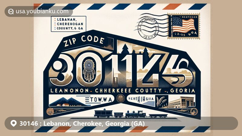 Illustration of Lebanon, Cherokee County, Georgia, showcasing ZIP Code 30146 in airmail envelope design with local landmarks like Etowah Indian Mounds, Georgia Northeastern Railroad, and postal theme elements.