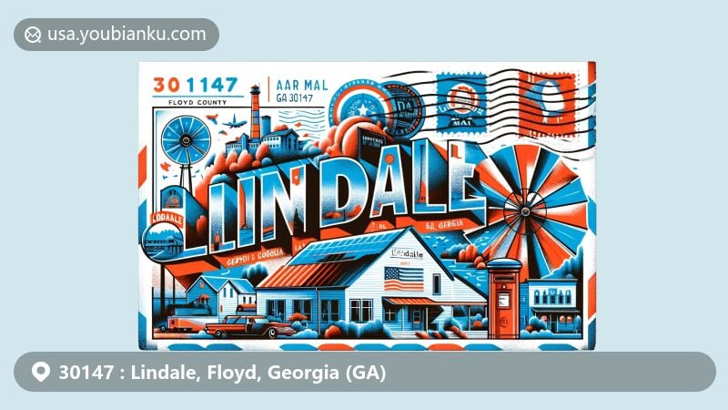 Modern illustration of Lindale, Floyd County, Georgia, showcasing postal theme with ZIP code 30147, featuring Lindale Mill, nature scenes, and the state flag of Georgia.