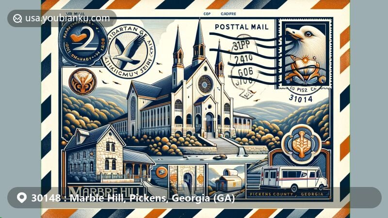 Modern illustration of Marble Hill, Pickens County, Georgia, celebrating ZIP code 30148, showcasing Swan Center Monastery, local marble quarry, and Georgia state flag elements.