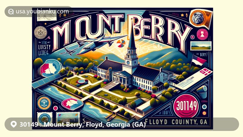 Modern illustration of Mount Berry, Floyd County, Georgia (GA), depicting ZIP code 30149 with a postal theme, featuring Berry College, chapels, lakes, airmail elements, and postage stamps.