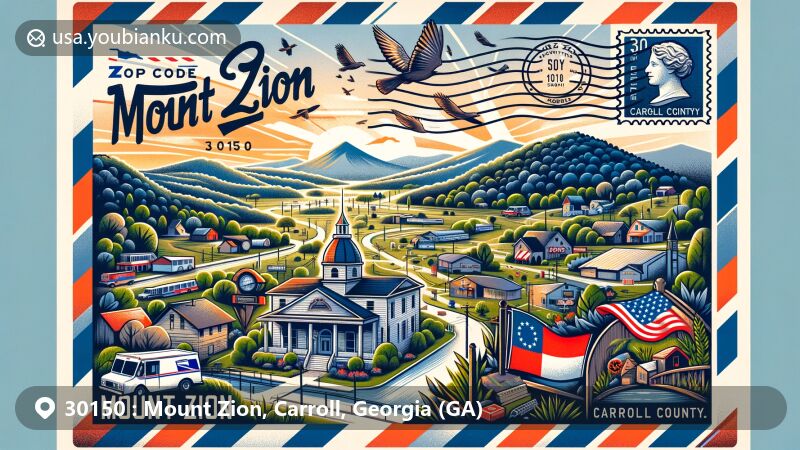 Modern illustration of Mount Zion, Carroll County, Georgia, featuring a wide-format airmail envelope design with ZIP code 30150, showcasing Mount Zion City Hall, city flag, John Tanner Park, and rural countryside of northern Carroll County.
