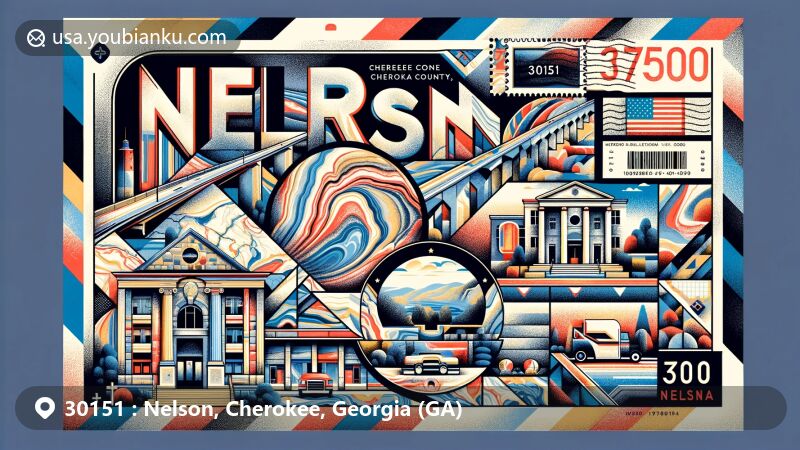 Modern illustration of Nelson, Cherokee County, Georgia, using postal theme with ZIP code 30151, highlighting the marble industry and local landmarks.