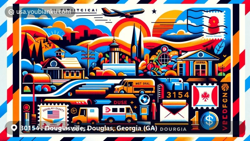 Modern illustration of Douglasville, Douglas County, Georgia, showcasing postal theme with ZIP code 30154, featuring local landmarks and Georgia state symbols.
