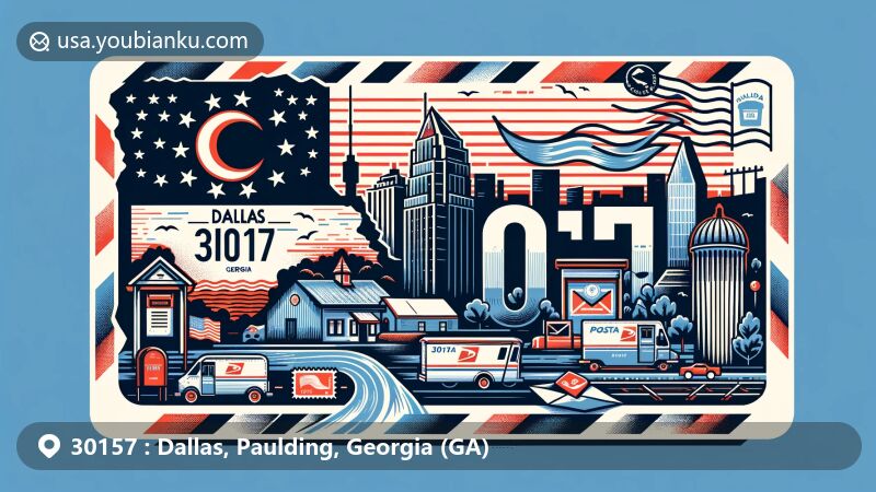 Modern illustration of Dallas, Paulding County, Georgia (GA), ZIP code 30157, showcasing state flag, county outline, local landmark, and postal elements, capturing the essence of the area.