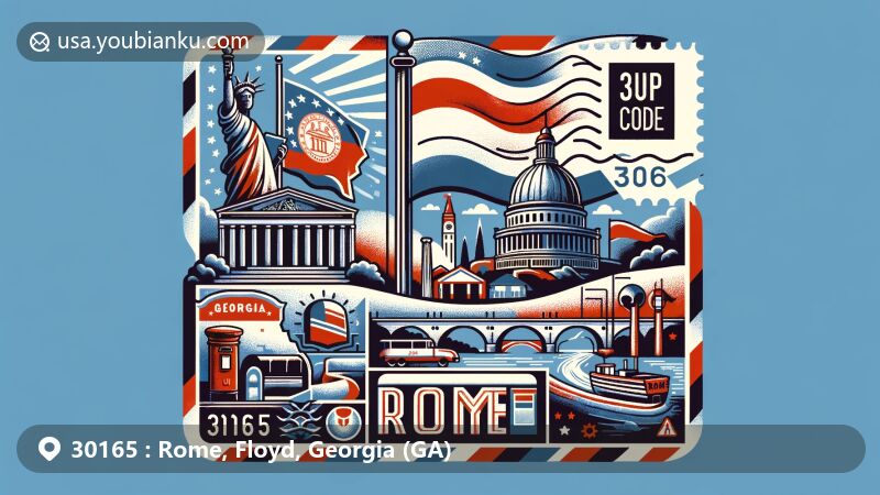 Modern illustration of Rome, Floyd County, Georgia, with Georgia state flag, Floyd County outline, and landmarks, incorporating postal theme with ZIP code 30165, featuring postcard shape, stamp, postmark, mailbox, and postal vehicle.