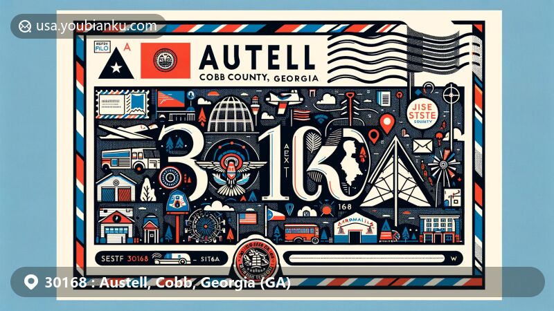Modern illustration of Austell, Cobb County, Georgia, with postal theme showcasing ZIP code 30168, featuring state flag, county outline, iconic landmarks, and cultural symbols.