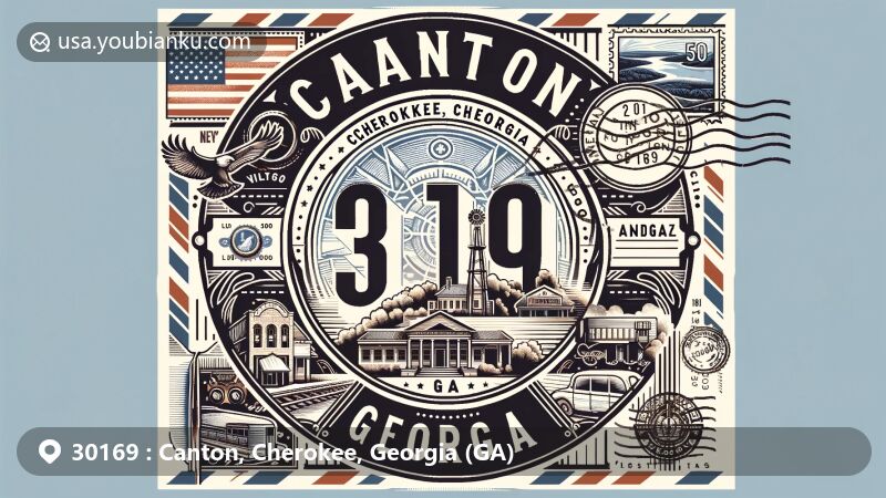 Modern illustration of Canton, Cherokee County, Georgia, showcasing postal theme with ZIP code 30169, featuring iconic landmarks and cultural elements, framed with vintage postcard border and Georgia state symbols.