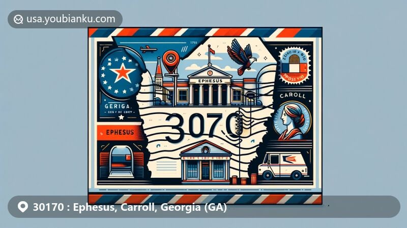 Modern illustration of Ephesus, Carroll, Georgia with a postal theme, showcasing Georgia state flag, Carroll County outline, and local landmark. Includes postal elements like stamp, postmark, ZIP code 30170, mailbox, and mail truck.