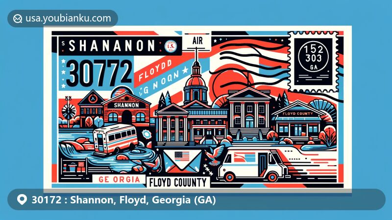 Creative illustration of Shannon, Floyd County, Georgia, featuring local landmarks, state flag of Georgia, and postal elements like postage stamp and mail truck, with vibrant and eye-catching style.