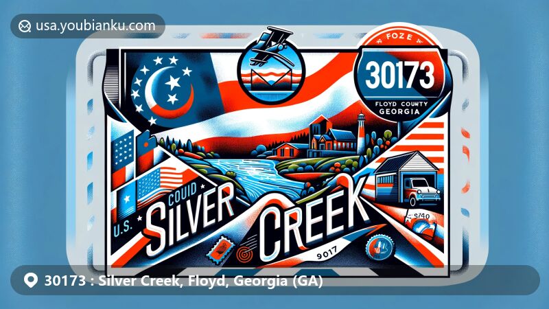 Modern illustration of Silver Creek, Floyd County, Georgia, featuring airmail envelope with Georgia state flag, Floyd County outline, and postal elements, highlighting ZIP Code 30173.