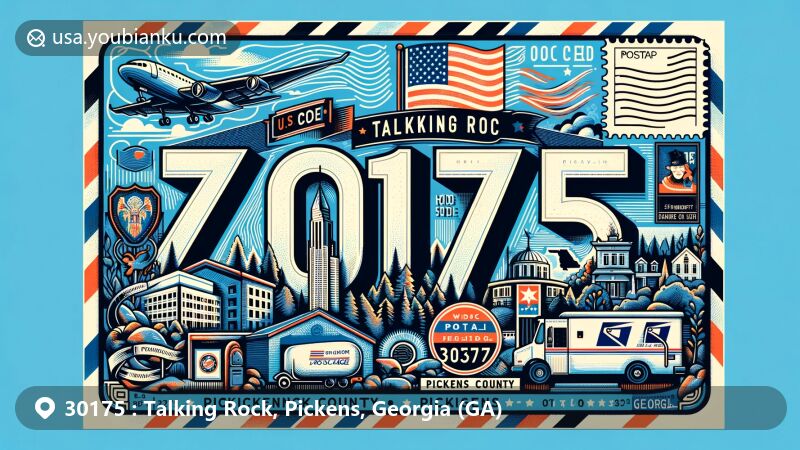 Modern illustration of Talking Rock, Pickens County, Georgia, showcasing postal theme with ZIP code 30175, featuring Georgia state flag, Pickens County outline, and cultural landmark.