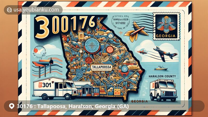 Modern illustration of Tallapoosa in Haralson County, Georgia, featuring ZIP code 30176, with a vibrant design showcasing regional and postal elements.