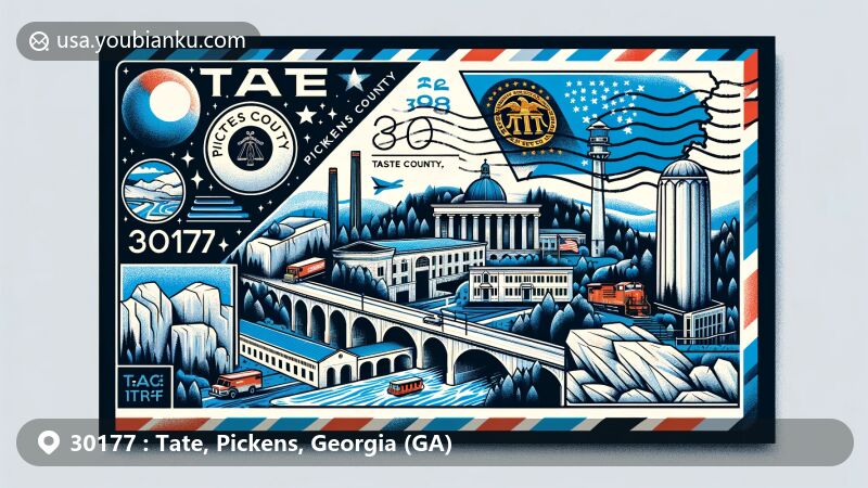 Modern illustration of Tate, Pickens County, Georgia, with postal theme and ZIP code 30177, showcasing state flag, county outline, and local landmarks like a marble quarry and historical buildings.