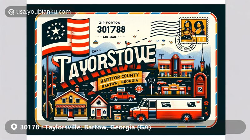 Modern illustration of Taylorsville, Bartow County, Georgia, showcasing postal theme with ZIP code 30178, featuring Georgia state flag, Bartow County outline, and local landmarks or cultural symbols.