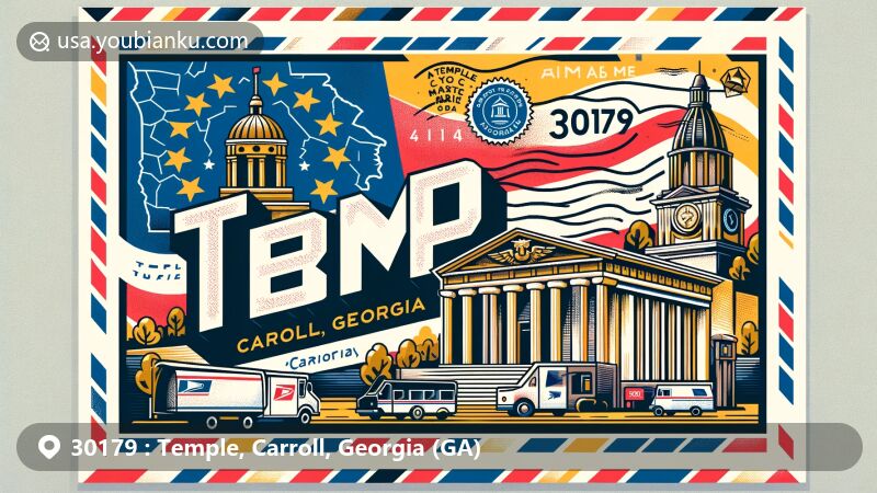 Modern illustration representing Temple, Carroll, Georgia, showcasing postal theme with ZIP code 30179, featuring Georgia state flag, Carroll County map outline, and local landmark.