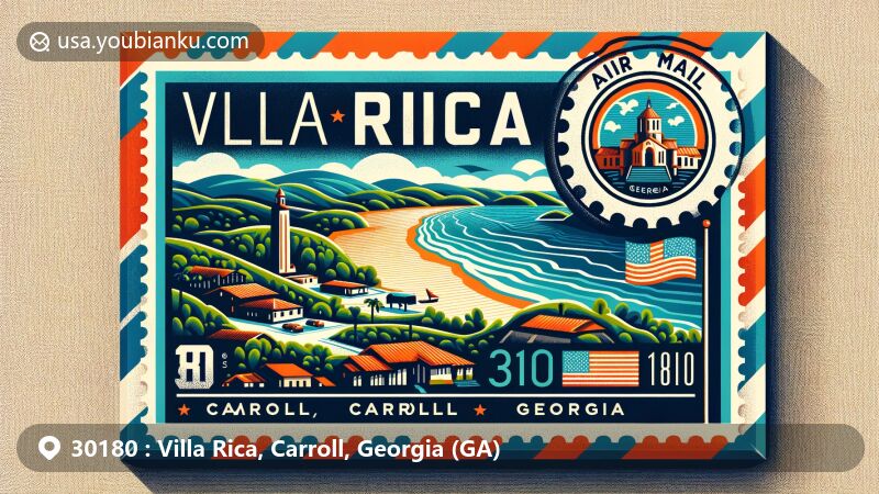 Modern illustration of Villa Rica, Carroll, Georgia (GA), showcasing postal theme with ZIP code 30180, featuring a vibrant air mail envelope with a postage stamp of iconic Villa Rica landmark, symbolic postal service emblem, and Georgia state elements.