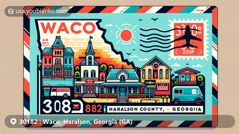 Modern illustration of Waco, Haralson County, Georgia, showcasing postal theme with ZIP code 30182, featuring iconic landmarks and cultural symbols.