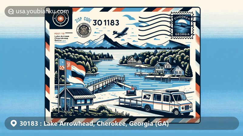 Modern illustration of Lake Arrowhead, Cherokee County, Georgia, highlighting postal theme with ZIP code 30183, featuring scenic view of Lake Arrowhead, outline of Cherokee County, and state flag of Georgia.