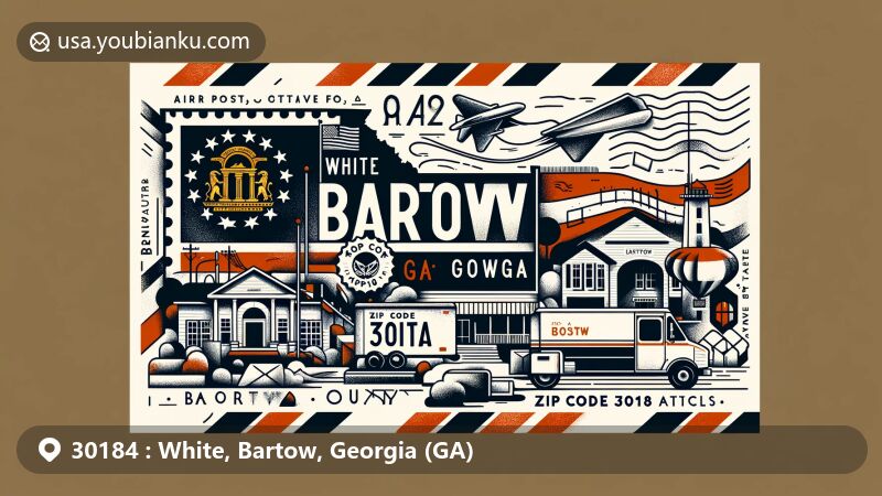 Modern illustration of White, Bartow County, Georgia, inspired by ZIP Code 30184, showcasing a postcard or airmail envelope design with Georgia state flag, Bartow County outline, and local cultural symbol.